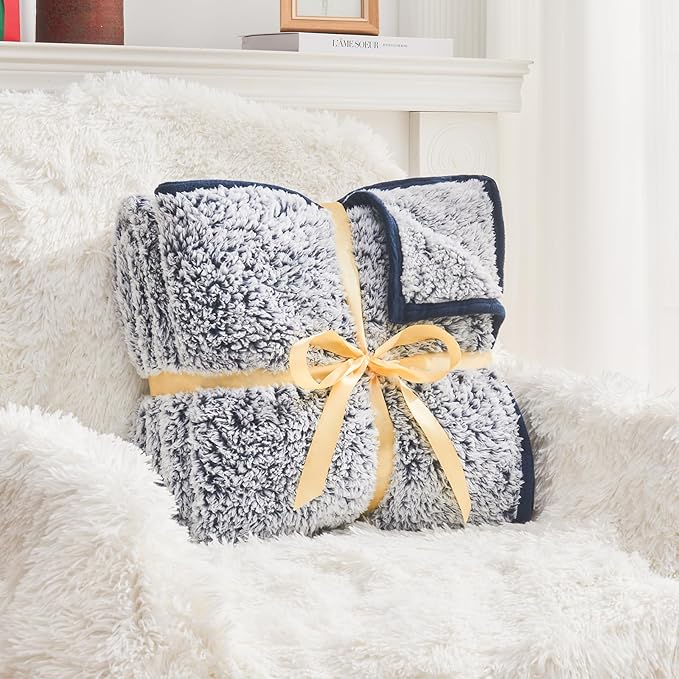 EMME Fuzzy Blanket Soft Fleece Throw Blankets for Women, Fluffy Sherpa Throws(Plush Navy,90"x90")