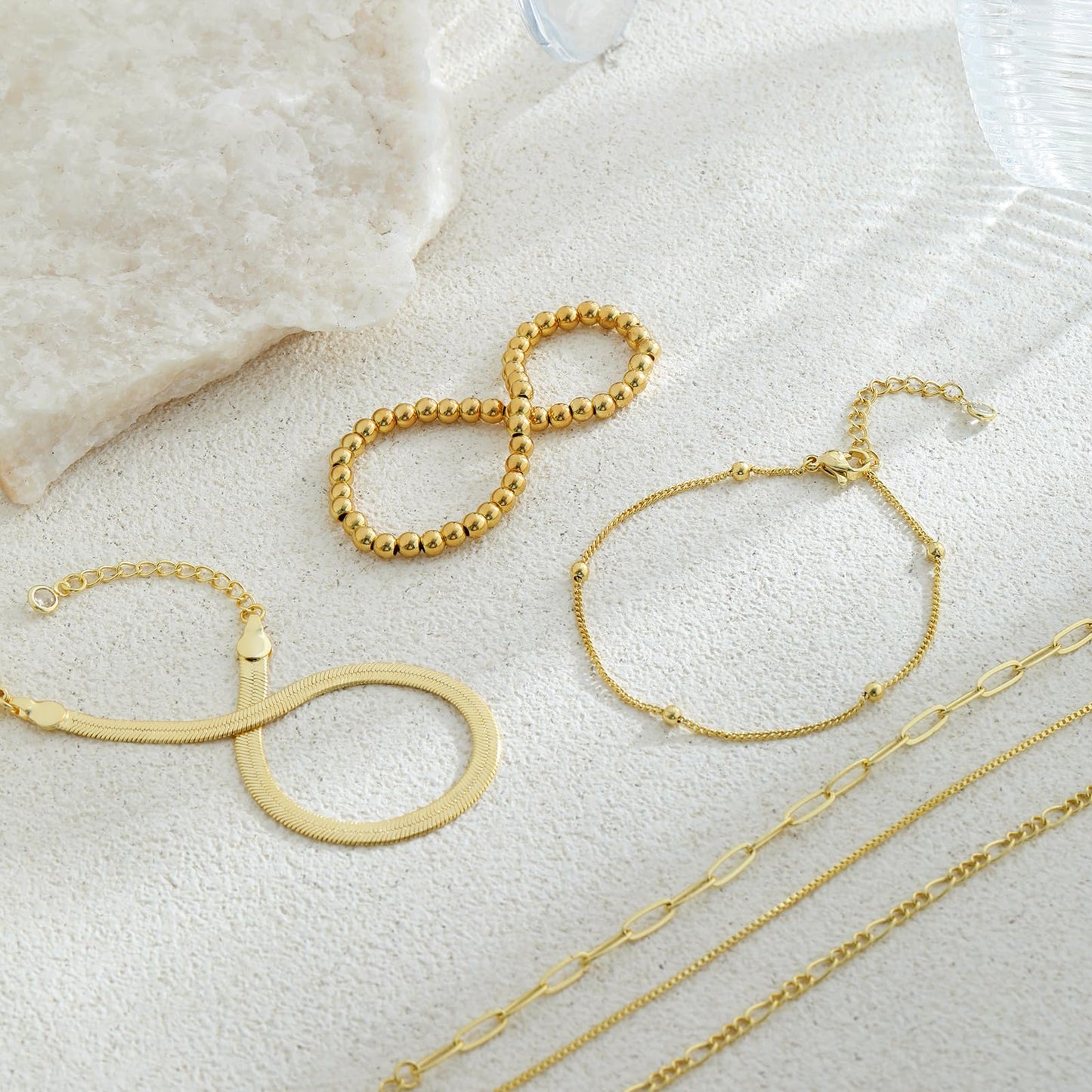 VIROMY Gold Bracelets for Women Waterproof,14K Gold Plated Layered Stackable Bead Bracelet Adjustable Size Jewelry Sets Gifts 6PCS