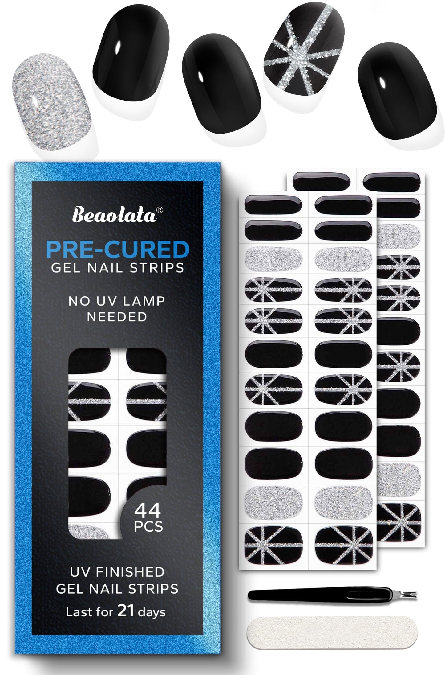 Beaolata Real Gel Nail Strips (No UV Light Needed) - 44Pcs Salon Quality Nail Stickers - Long Lasting Polish Wraps for Women, Easy Apply & Remove (Sultry Black
