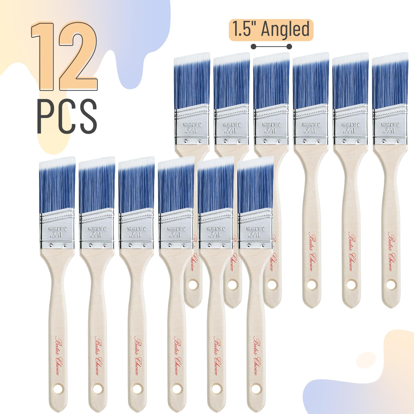 Bates Angle Paint Brushes - 1.5-Inch, 12 Pack, Treated Wood Handles for Walls, Furniture & Stain