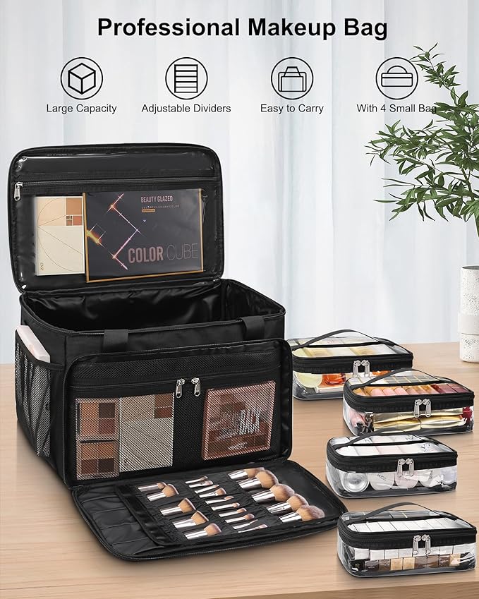 TANTO Extra Large Makeup Bag Travel Makeup Case Professional Makeup Artist Bag with 4 Clear Pouches Hairstylist Cosmetic Bag with Detachable Dividers and Shoulder Straps