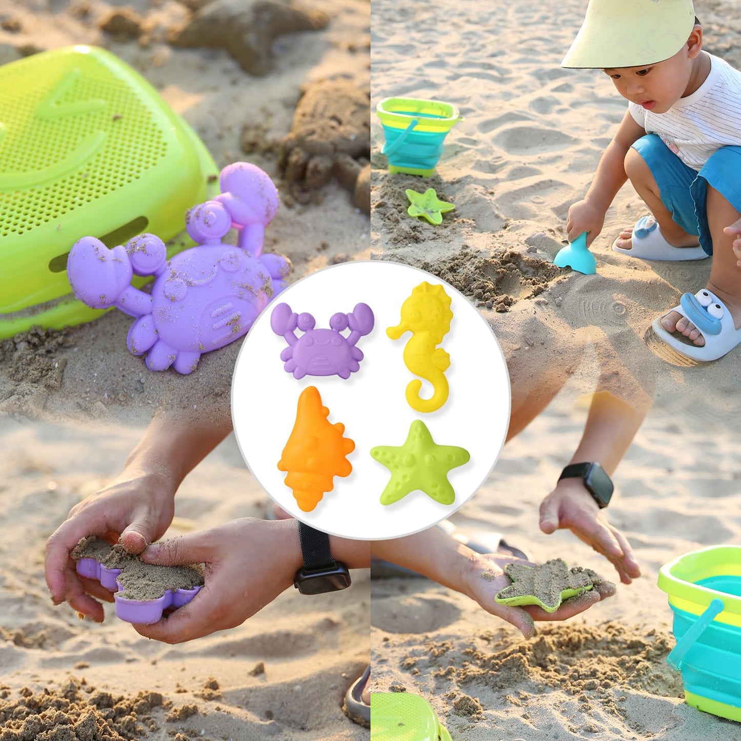 8 PCS Kids Foldable Pail Seabeach Sand Toys Sensory Playset, Portable Sandbox Digging Toys Including Bucket, Shovel, Spoon, 2 in 1 Shell Shark Teeth Sifter & Castle Building Sand Mold Kit for Children