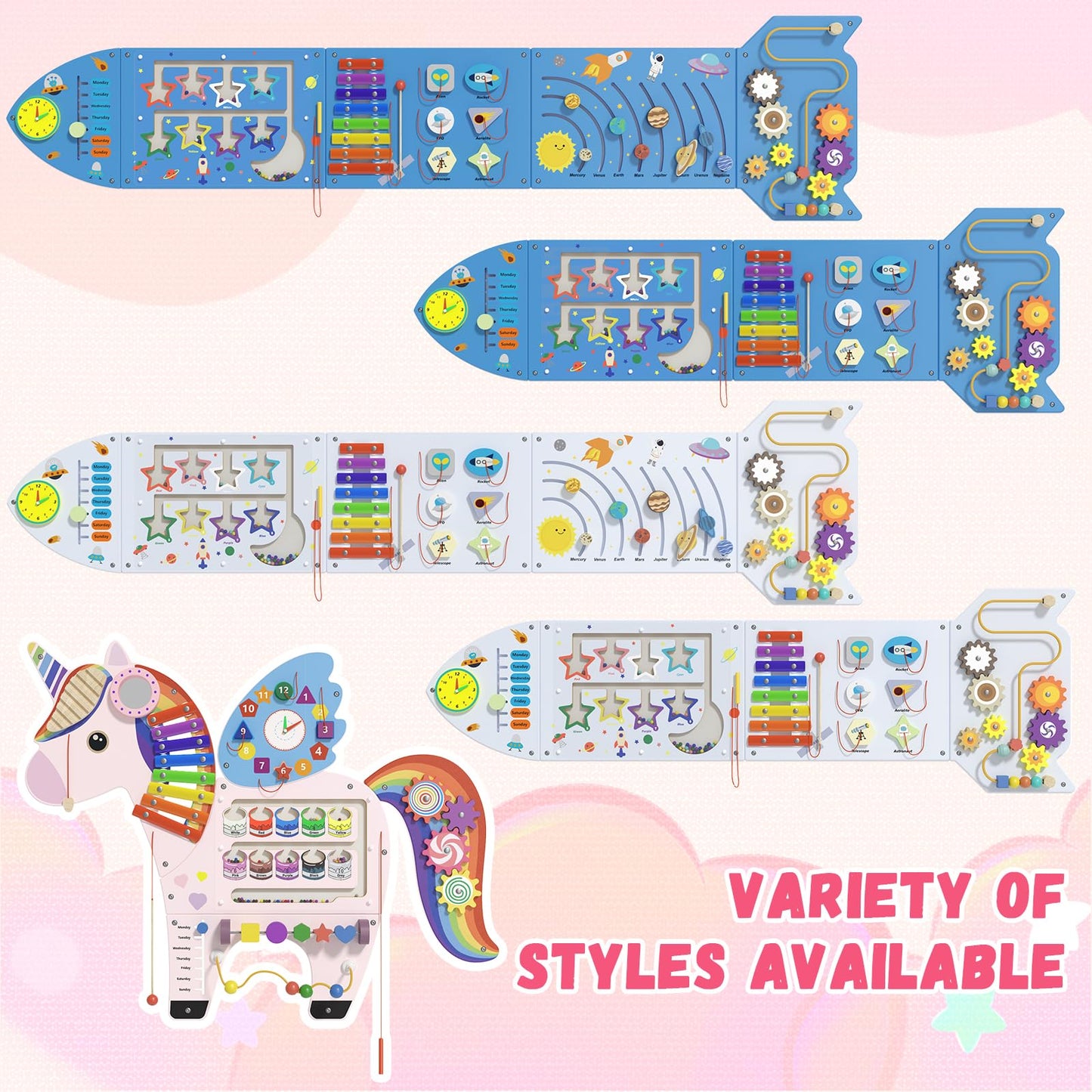 Spacocld Unicorn Activity Wall Busy Board Panels - Sensory Wall Panel for Kids, Montessori Toddler Wall Activity Board, Wall Toys for Toddlers 3, Activity Cube, Perfect for Toddler Playroom, Pink