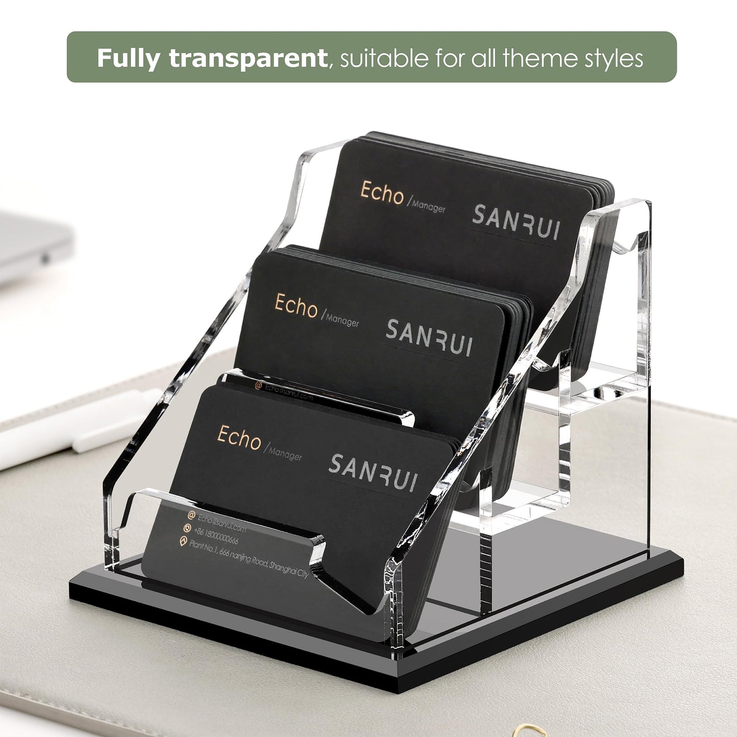 SANRUI Acrylic Business Card Holder - 8MM Thick Widened Base, 3-Slot Business Card Display for Desk , Fits 3.5x2 Inch Cards, Versatile for Office/Home/Trade Shows