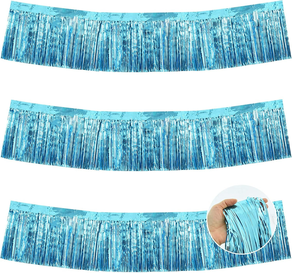 BEISHIDA 3 Packs Metallic Foil Fringe Garland Baby Blue Wall Hanging Tinsel Fringe Banners for Car Floats Bridal Shower Wedding Birthday Easter Graduation Holiday Party Decoration(30 Feet)