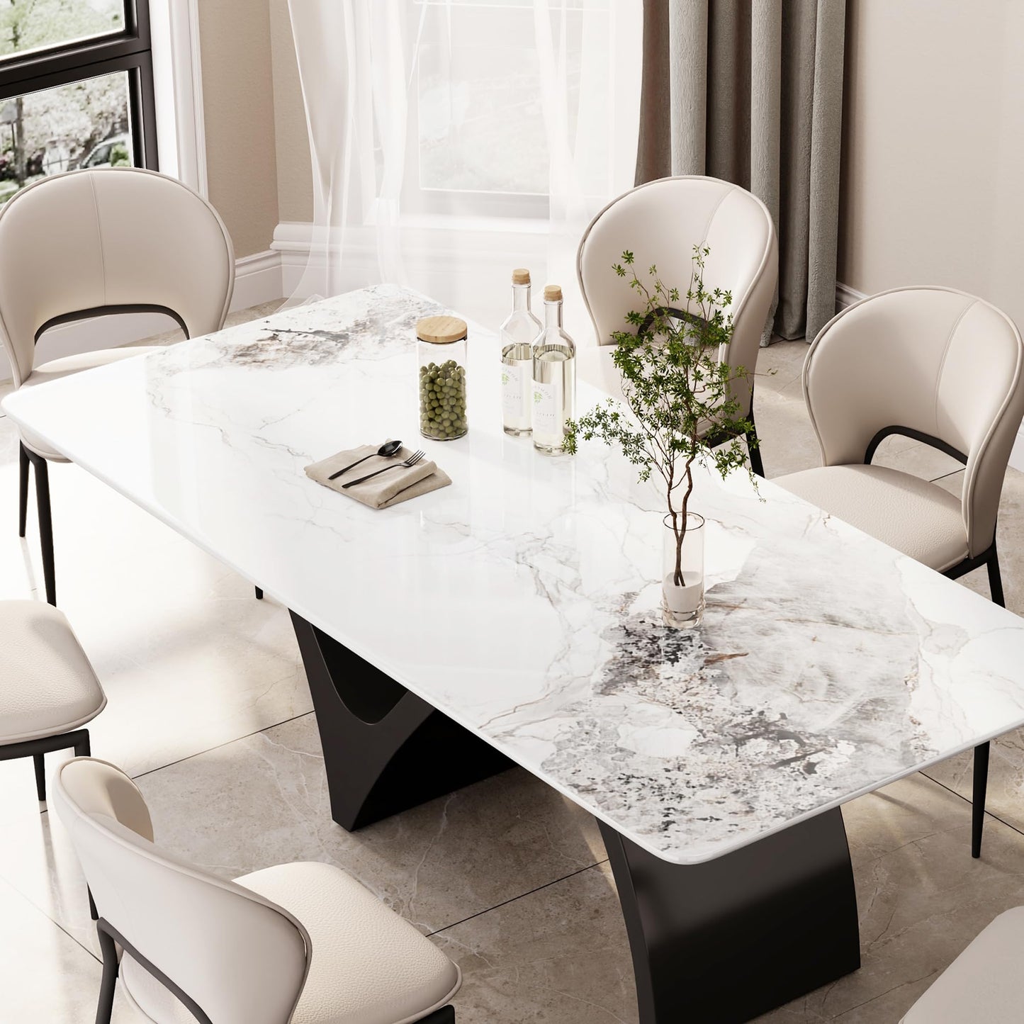 Modern Dining Table for 8-10, Sintered Stone Dining Tabletop with Unique N-Shaped Metal Base, 87" Rectangle Dining Table Large Dining Room Table Kitchen (Table Only)