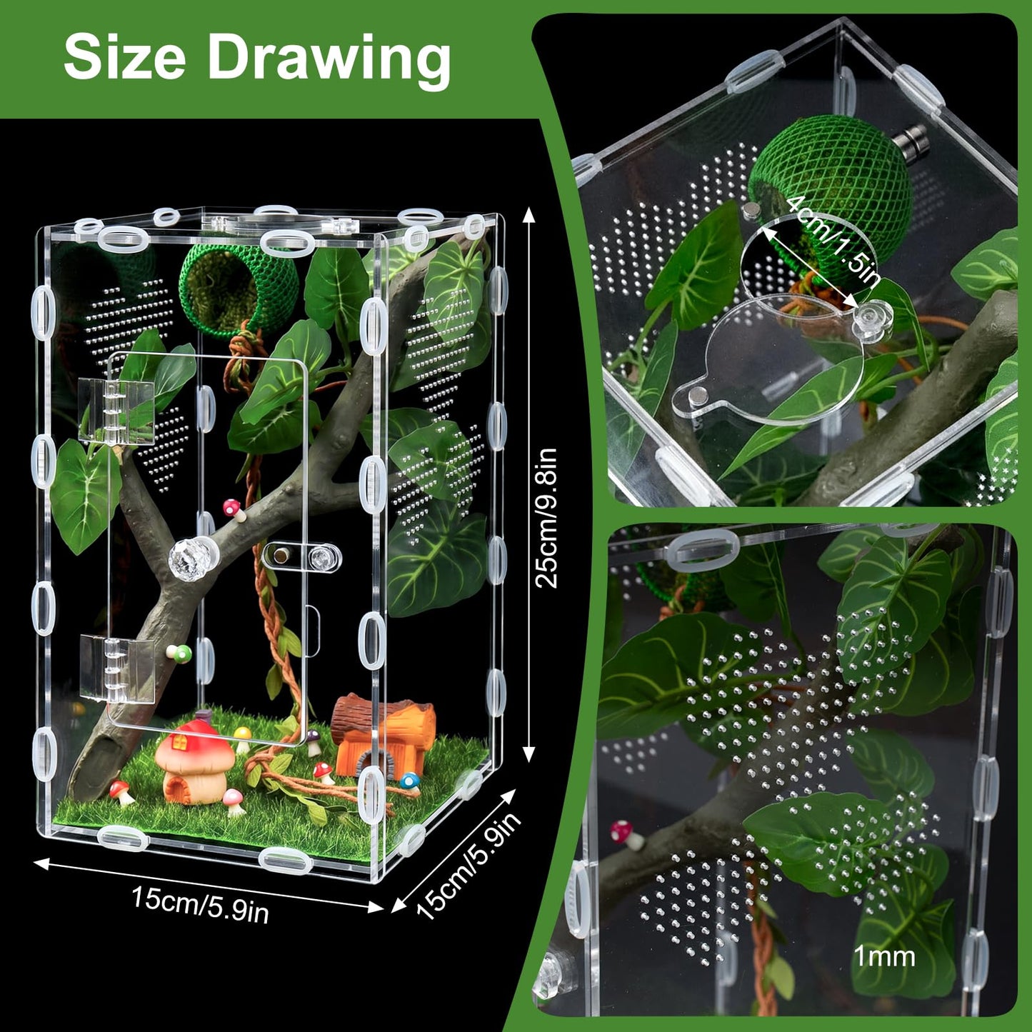 YPJXBEST Jumping Spider Enclosure,6x6x10 in Spider Enclosure Easy Assembly with DIY Jumping Spider Accessories Front Opening Bug Habitat with Feeding Port for Mantises,Spiders,Insects