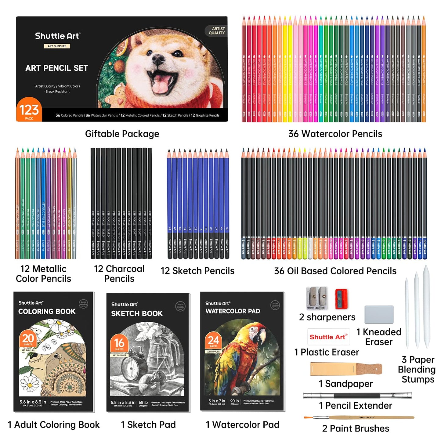 Shuttle Art Professional Drawing Kit, 123 Pieces of Drawing Pencils Set Includes Colouring Pencils, Watercolor, Charcoal, Graphite and Sketch, Ideal for Adults Children Artists