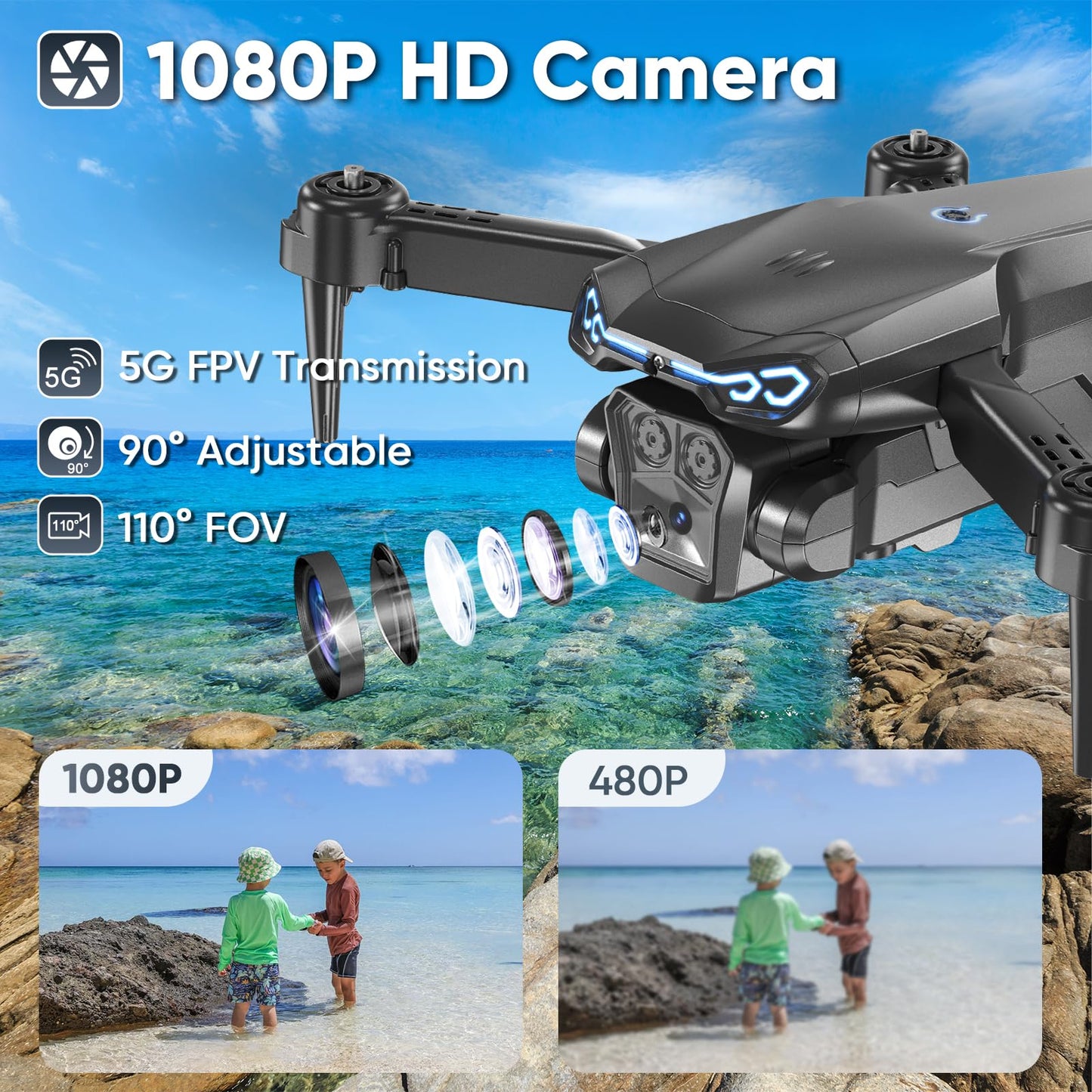 X-shop Foldable Drone with 1080P Camera for Beginners & Kids, FPV RC Quadcopter Toys Gifts for Boys Girls, One Key Start, 3D Flips, Gesture Selfie, 3 Speed Modes, 2 Batteries