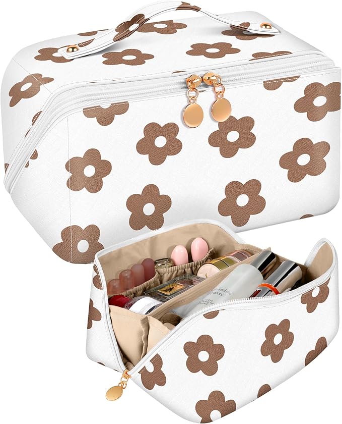 Bistup Makeup Bag Travel Cosmetic Bag Toiletry Make Up Bags Cute Women Large Capacity Big Medium Leather White Flower Girl Teen Teenage Square Foldable Expandable Open Flat Zip