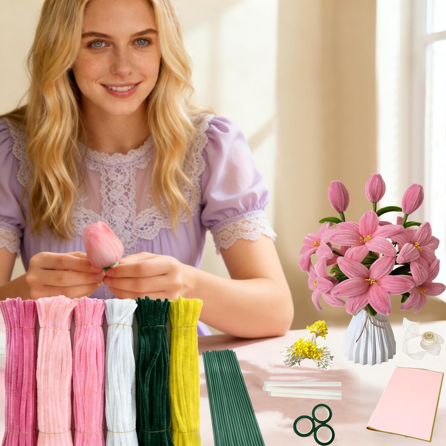 ZFTFZ 500+ Pcs Pink Pipe Cleaners Craft, Premium Chenille Stems Flower Making Kit with Wrapping Paper & Floral Tape, DIY Tulip Rose Bouquet Arts and Crafts Supplies for Adults Beginners Gifts