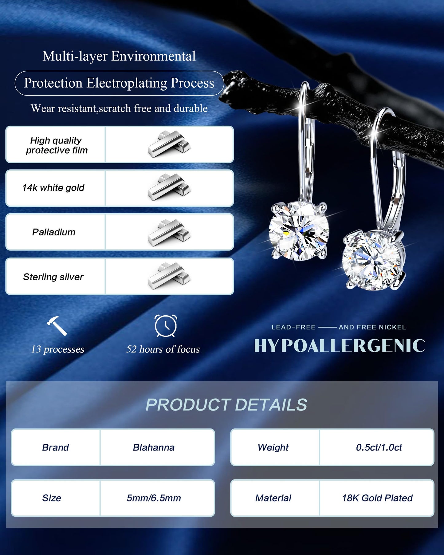 Blahanna Moissanite Earrings,1.0ct D Color Brilliant Round Cut Earrings S925 Sterling Silver Dangle Earrings Moissanite Leverback Drop Earring silver 6.5mm