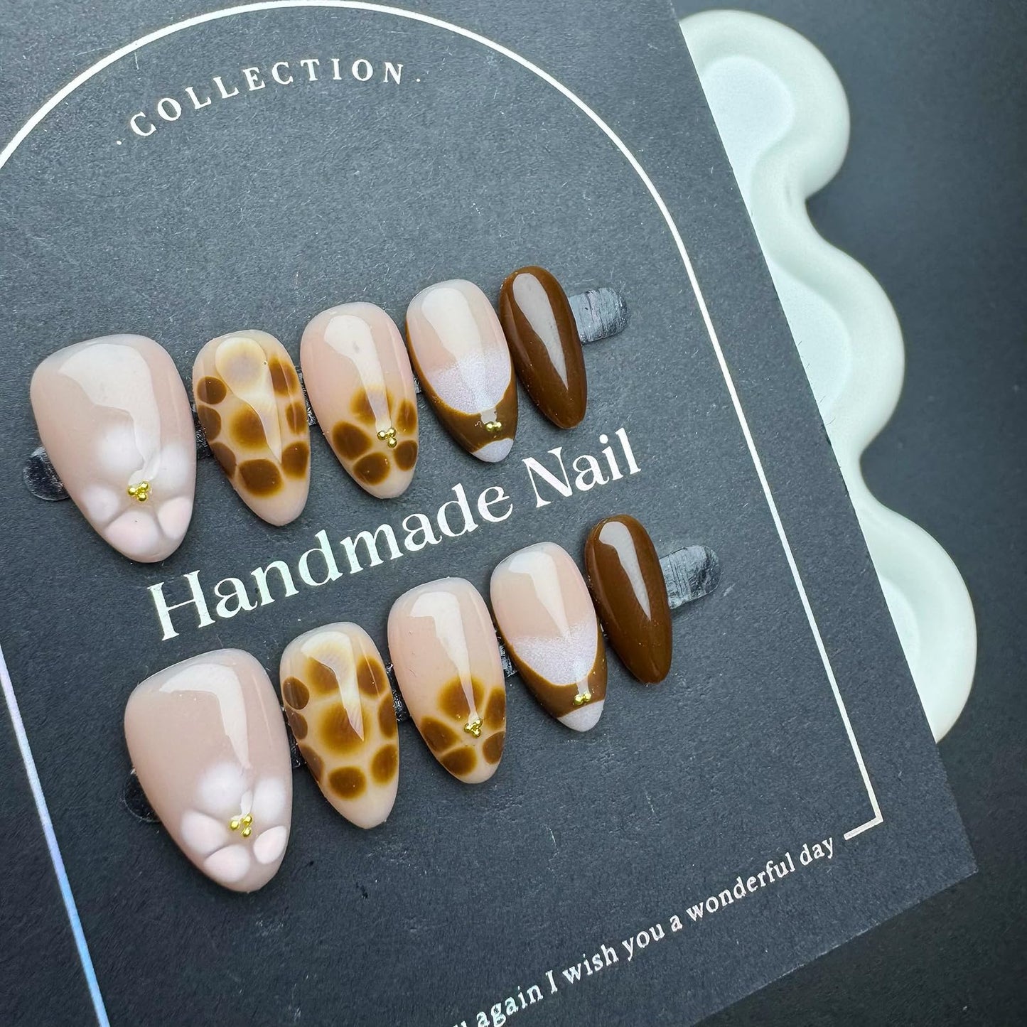 Handmade Press on Nails Medium Almond Handmade Nails with Rhinestone Flower Design Brown False Nails Glossy Leopard Print Nail Press ons Reusable Fall Winter Fake Nail for Women Size M 10Pcs