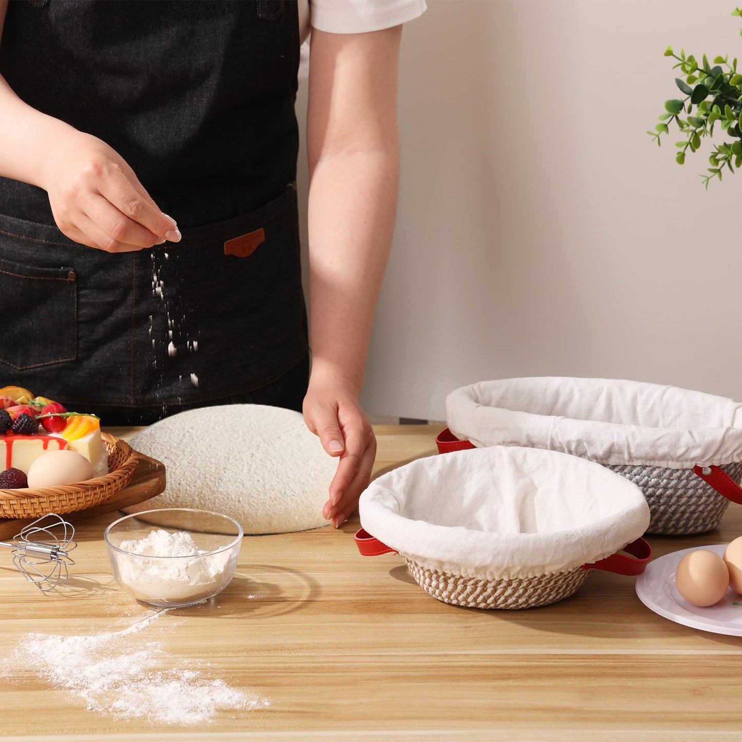 Banneton Bread Proofing Basket - Oval & Round Sourdough Bread Baskets Set - With Liner & Cloth Cover - For Bread Storage (Grey & Khaki Set) - Cotton Rope - Mother's Gifts