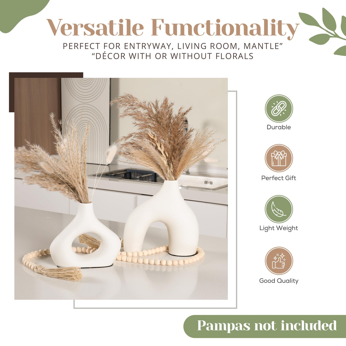 LUSHAURA Donut Vase Set | 2 Modern Boho Vases - 58" Wooden Garland & Felt Pads | Scandinavian Home Decor - White Vases for Flowers - Entry Table Decor - Boho Shelf Decor - Organic Modern Home Decor