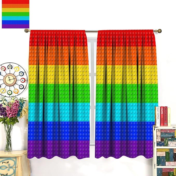 Colorful Building Block Toy Curtain Rod Pocket Children's Nursery Rainbow Contour Plastic Toy Brick Geometric Print Pattern Curtain Boys Girls Bedroom Playroom 2 Panels 63x72in