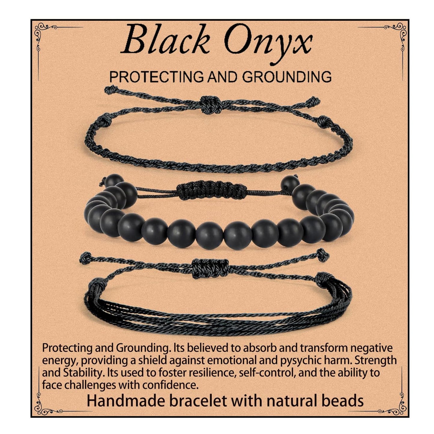 QOGIR Handmade Healing Bracelets, 8mm Matte Black Onyx Bracelet Black Beaded Bracelets for Men Women with 2PCS Size Adjustable Rope Bracelets