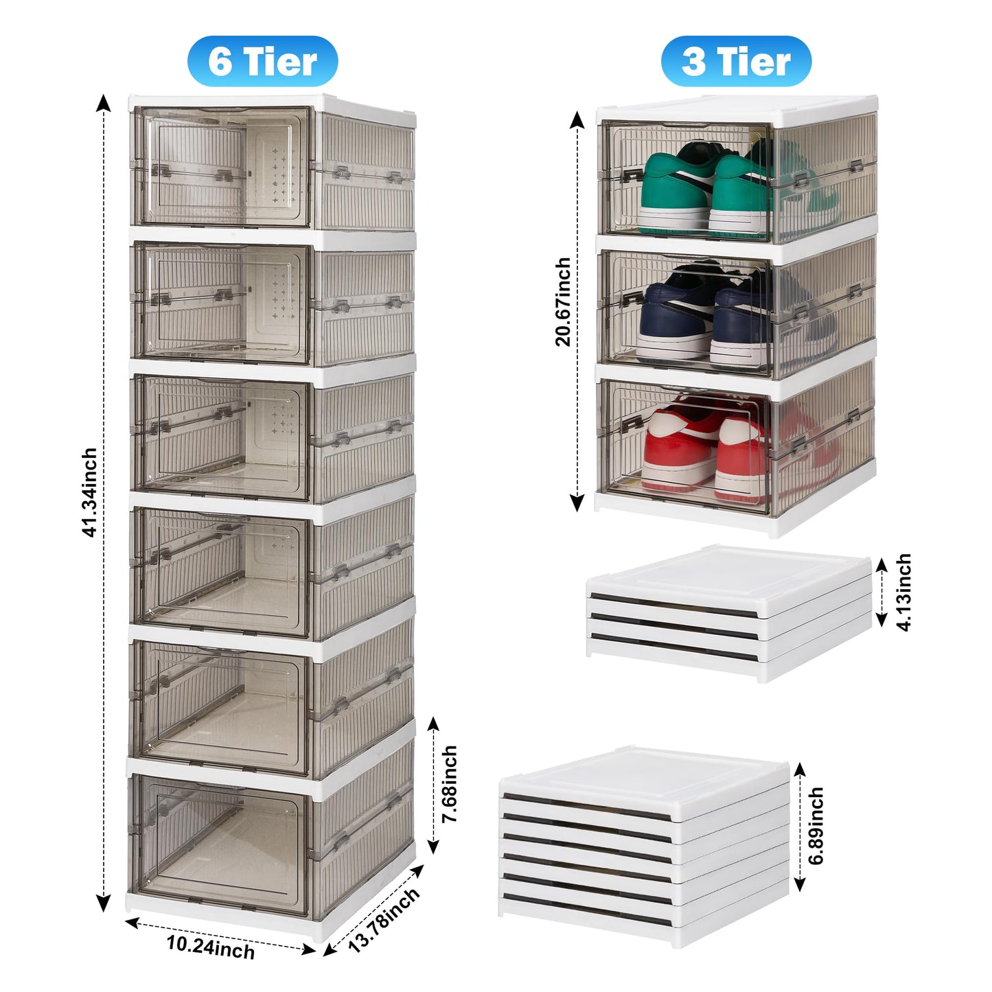 LQCHETOU Shoe Storage Box, No-Assembly 3 Tiers Foldable Shoe Organizer with Clear Door, Space-saving Shoe Rack，Sturdy Clear Plastic Stackable Sneaker Containe, Foldable shoe rack (grey, 3-Tier)