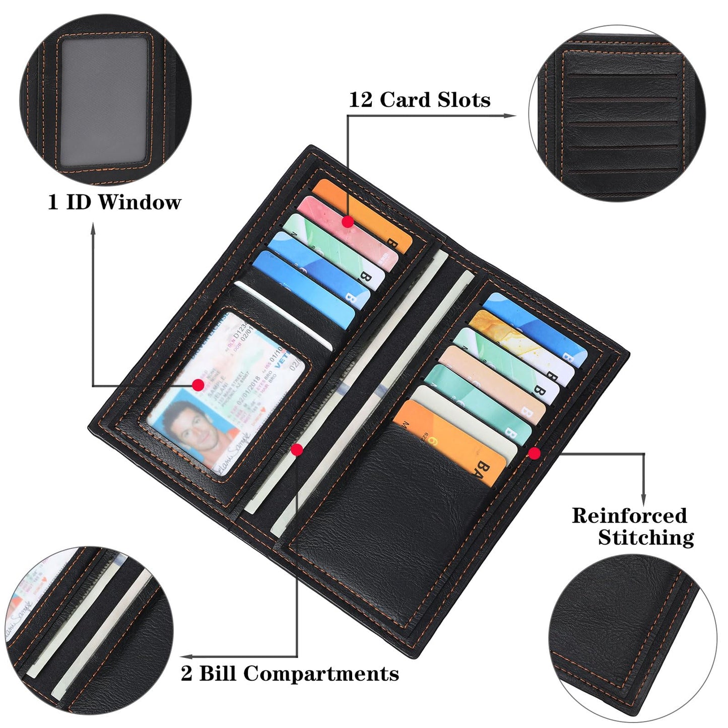 FALAN MULE Long Wallet for Men Leather Bifold Card Holder Slim Wallet with ID Window