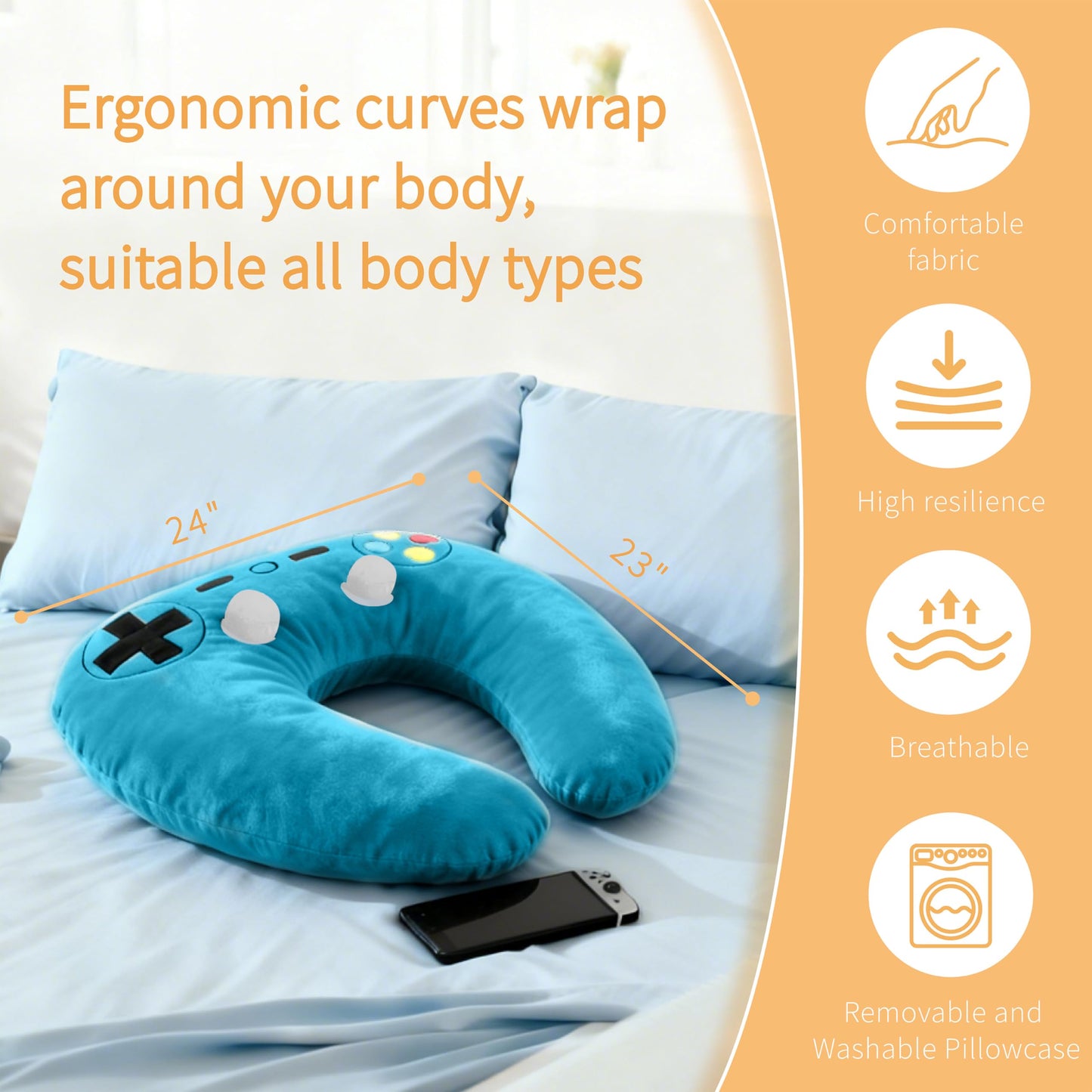 Moginno Gaming Pillow, Lap Desk Reading Pillow for Adults Teens, Arm Support Pillow for Sitting in Bed Sofa, Playing Steam Deck/Switch/Xbox/PS5, Gamer Gifts for Men Teenage Boy, Blue