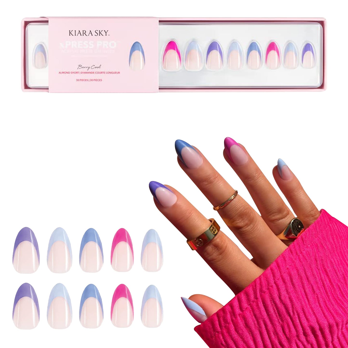 Kiara Sky Press On Nails | XPRESS PRO 100% Acrylic Nails | 30-Piece Kit Includes Nail Glue, Cuticle Pusher, File & Prep Pad | Short Almond - Berry Cool