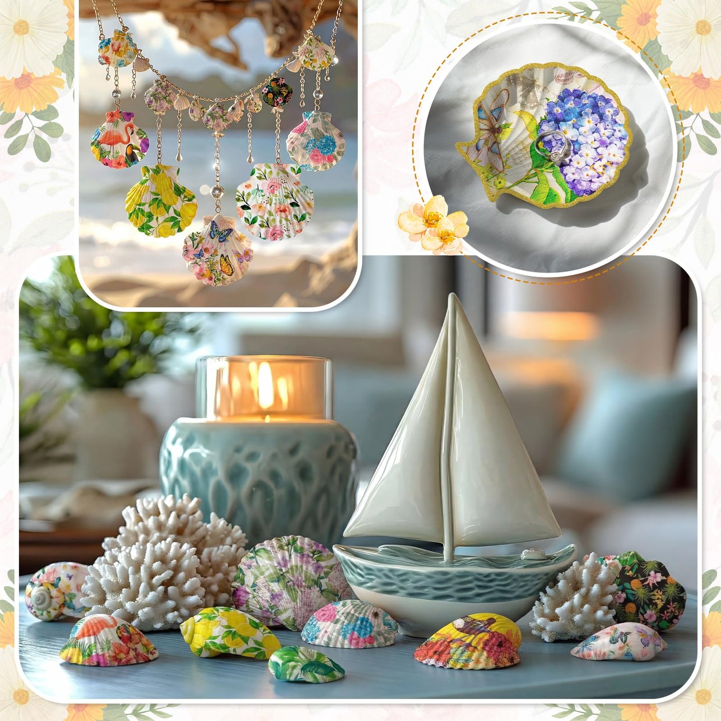 Crtiin 48 Pcs Decoupage Kits, 18 Pcs 4'' White Scallop Shells, 24 x Assorted Decoupage Paper Napkins with Glue Paint Strips Pigments and Paint Brushes for Home Decor Ornaments DIY Arts Crafts (Flower)