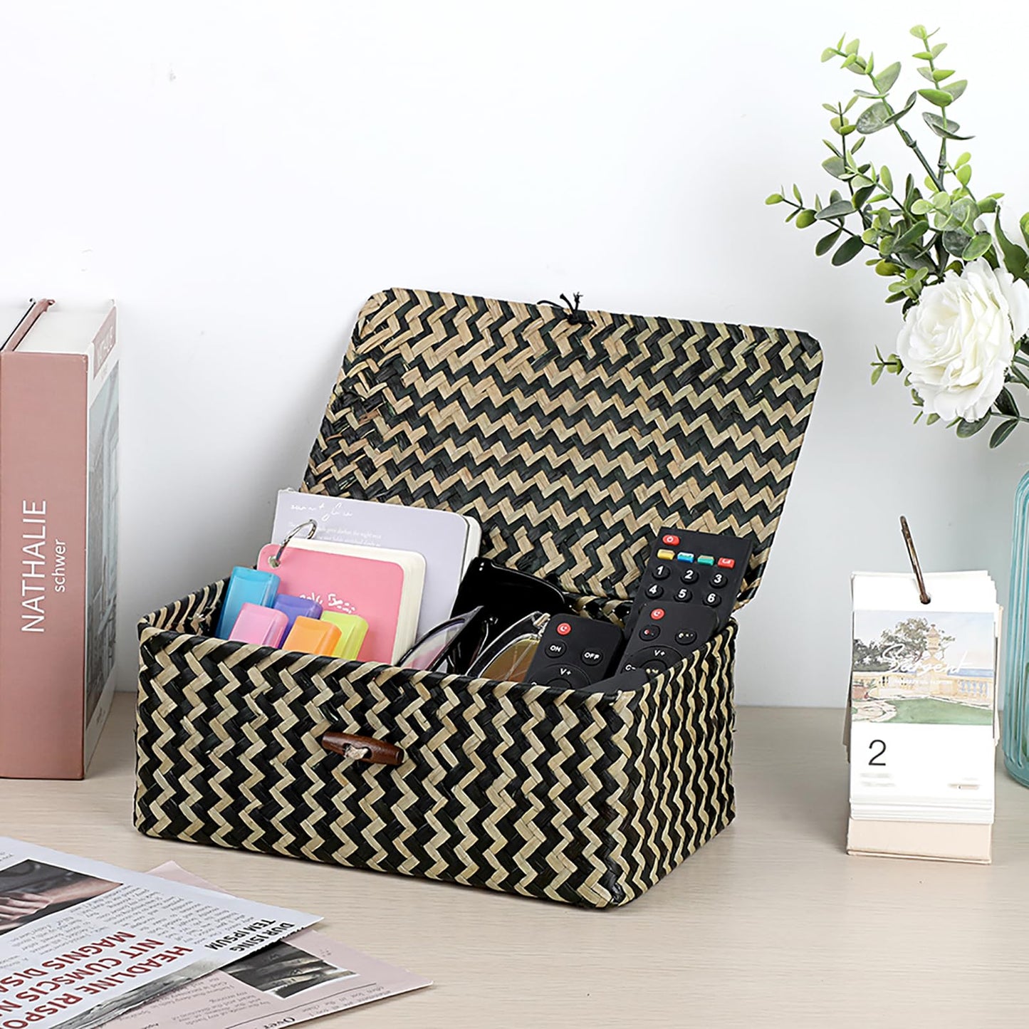 Hipiwe Seagrass Storage Baskets with Lid Woven Wicker Storage Bins for Organizing Natural Rectangular Home Organizer for Bedside Living Room Entryway Table,10.2" x 6.3" x 3.9"