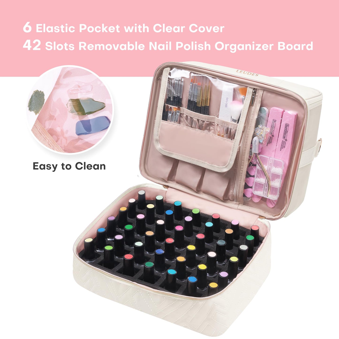 Leudes Nail Polish Organizer and Storage Holder 42 Bottles&Manicure Kit &Nail Lamp,Nail Stuff Bag Organizer Travel Case for Nail Tech Supplies Accessories Manicure Tools (Beige)
