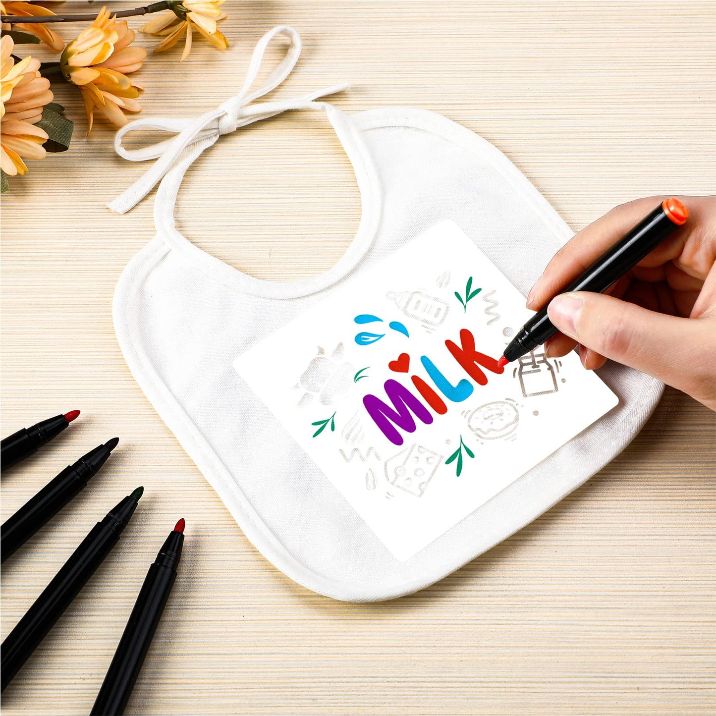 Jutom 38 Pcs DIY Baby Bibs Decorating Kit 14 Bibs 14 Stencils 10 Fabric Markers 2 Ply Feeder Design Bib for Shower Games(White)