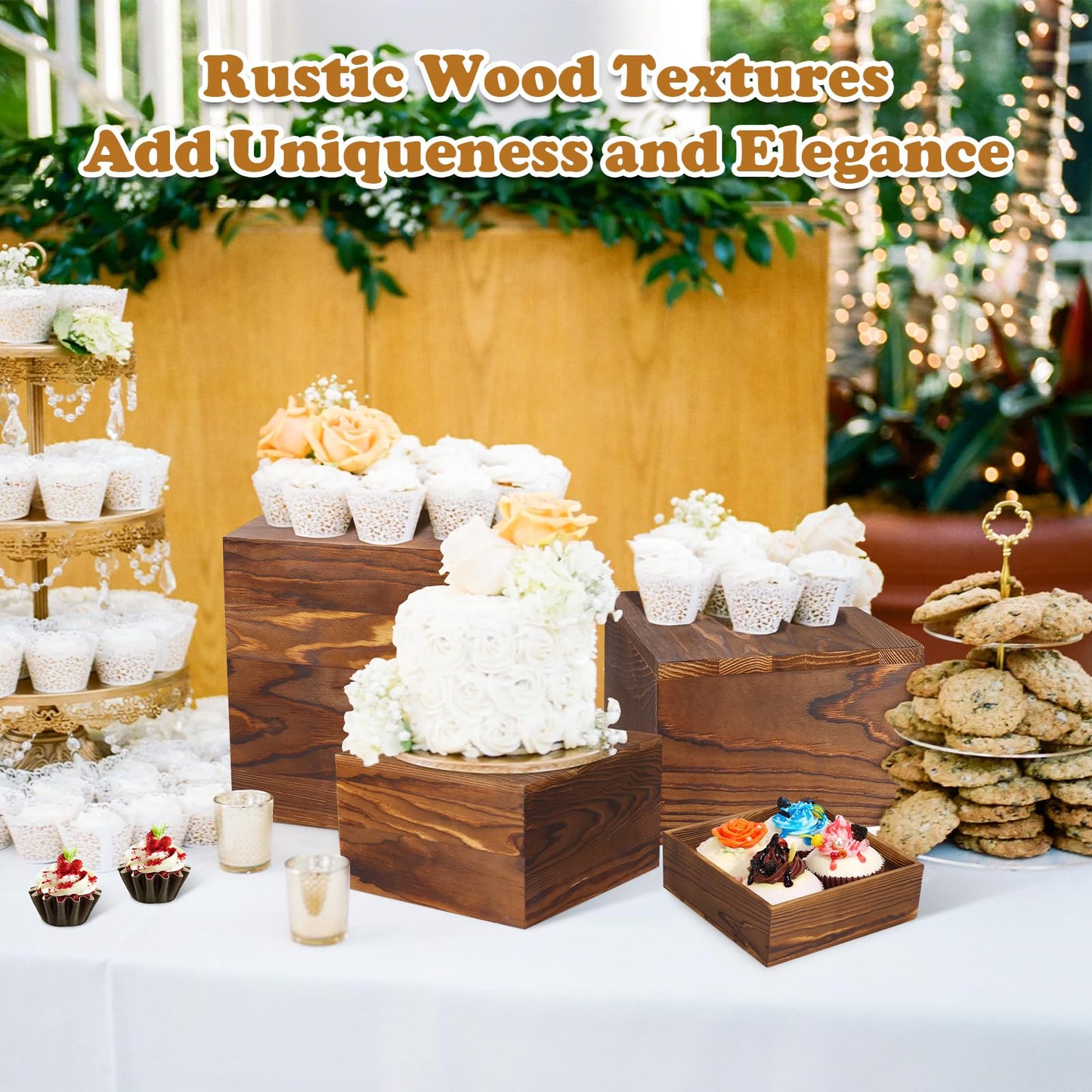 LEIFEOSH 6 Pack Wooden Risers Display Stands Rustic Wood Cake & Cupcake Stands for Party Square Food Risers for Buffet Wooden Crates for Display Home Decor