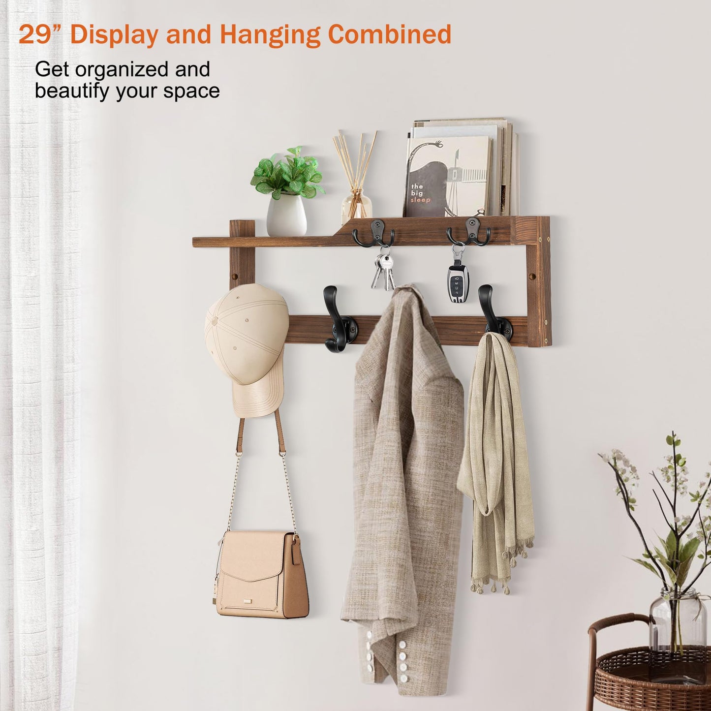 dreampossible Coat Rack Wall Mount with Shelf, Coat Hanger Wall Mount with Key Hooks and Mail Holder, Wood Entryway Floating Shelf with Hooks and Storage, Hat Rack for Wall Key Holder Mail Organizer