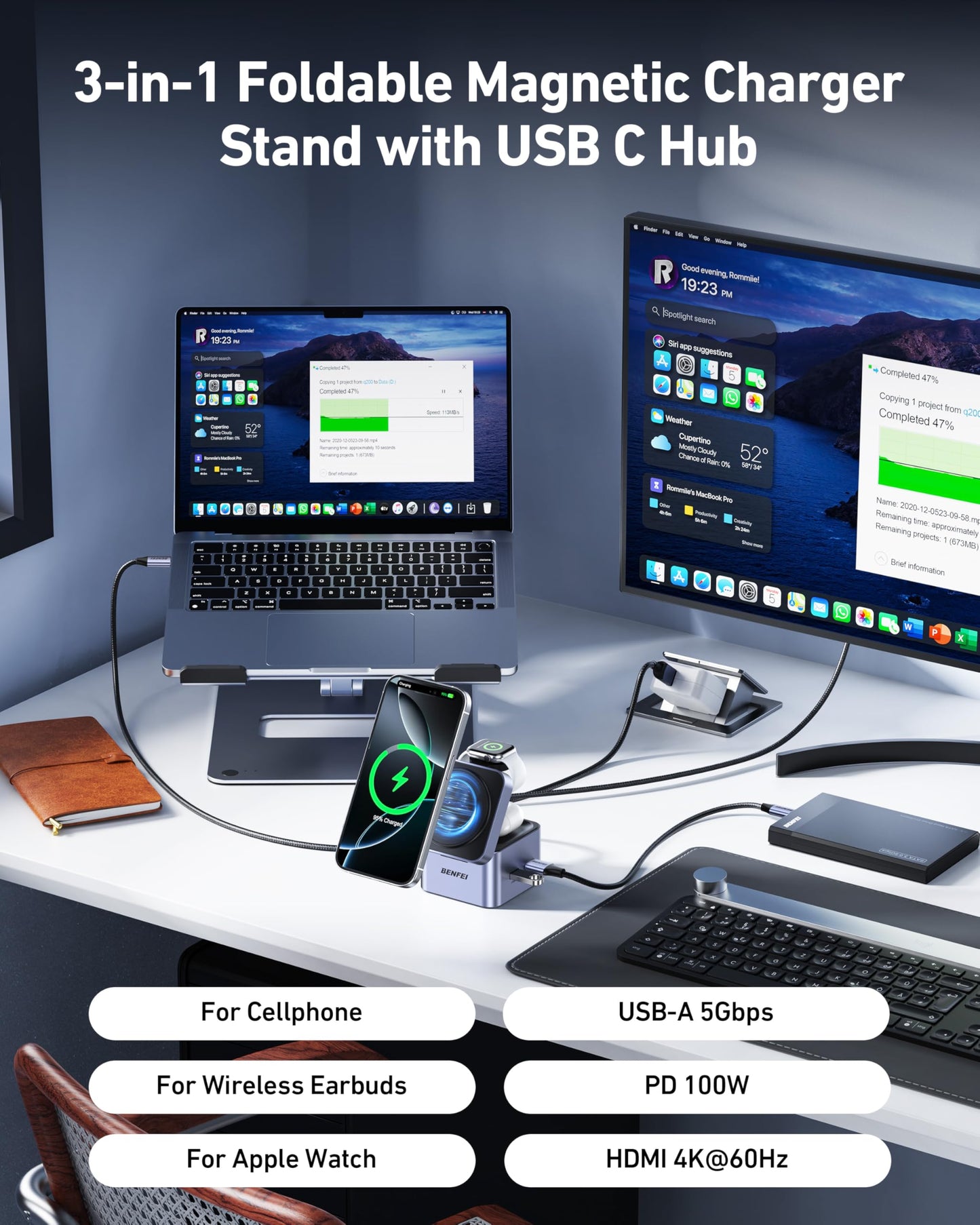 BENFEI 3-in-1 Foldable MagSafe Charger Stand with USB C Hub, Wireless Charging Station for iPhone 16/15/14/13/12, Apple Watch & AirPods, Supporting HDMI (4K@60Hz), 100W PD, 2X USB 3.0 (5Gbps)