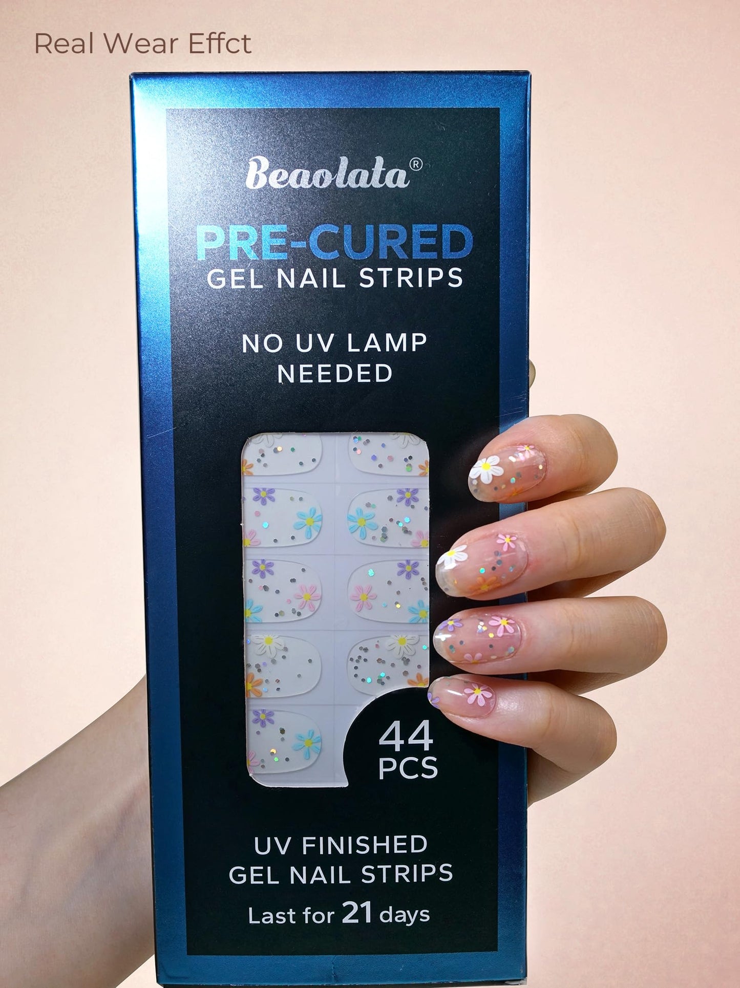 Beaolata Real Gel Nail Strips (No UV Light Needed) - 44Pcs Salon Quality Nail Stickers - Long Lasting Polish Wraps for Women, Easy Apply & Remove (Flower Sliver)