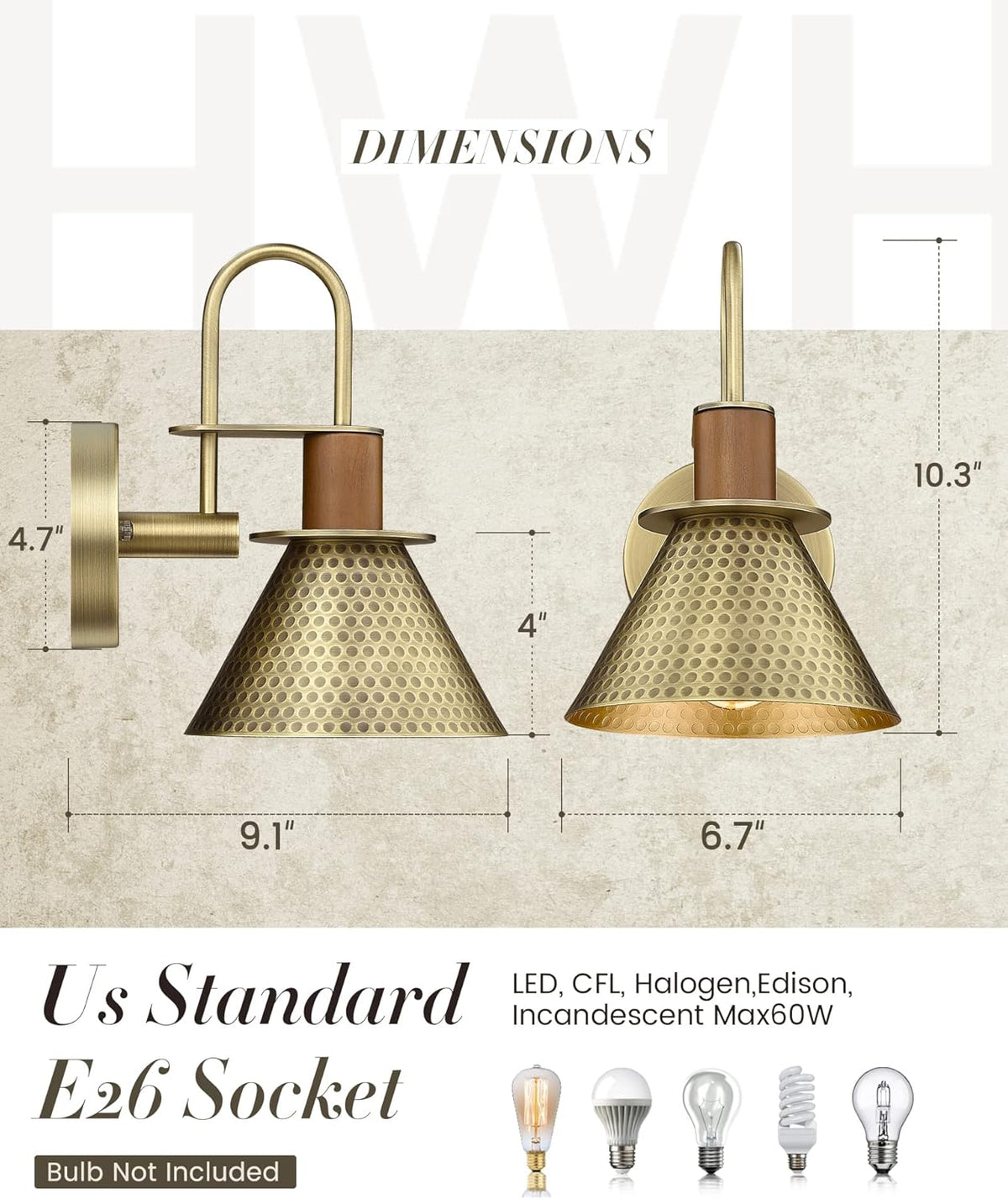 Barn Sconce Wall Lighting, HWH Gooseneck Wall Sconces Indoor Wall Lights, 1-Light Vanity Wall Lamp for Bathroom Bedroom Bedside Kitchen, Hammered Metal Shade, Antique Brass Finish, 5HZG74B BG