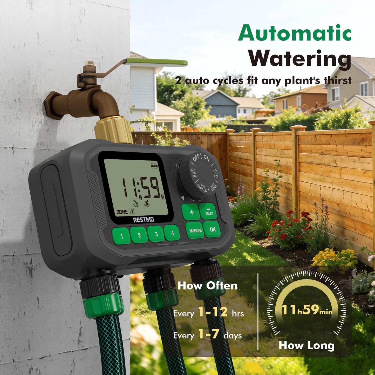 RESTMO Sprinkler Timer for Outdoor Hose Faucet 4 Zone, Up to 11h59m Programmable Watering Timer for Soaker Hose, Misting with Brass Inlet & Large Dial, Rain Delay/Manual/Automatic Irrigation System