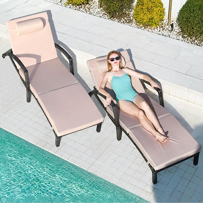 Chaise Lounge Chairs Outdoor Comfy Outside Wicker Patio Pool Lounge Chair w/ 5 Adjustable Back Angle Cup Holder Thicken Cushion (Gray/Khaki, 6 Chairs)