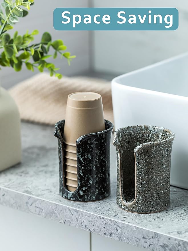 Bathroom Cup Dispenser 3 Oz, Ceramic Bathroom Cup Holder Mouthwash Cup Dispenser, Small Paper Cup Dispenser for Bathroom Vanity Countertop, Black