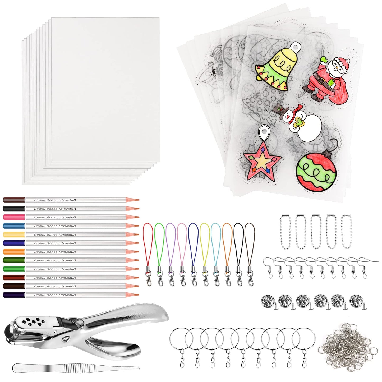 NOVWANG 198 Pieces Heat Shrink Plastic Sheet Kit Include 28 Pcs Shrinky Paper, Hole Punch, Keychains Accessories and Pencils for Creative Art Craft