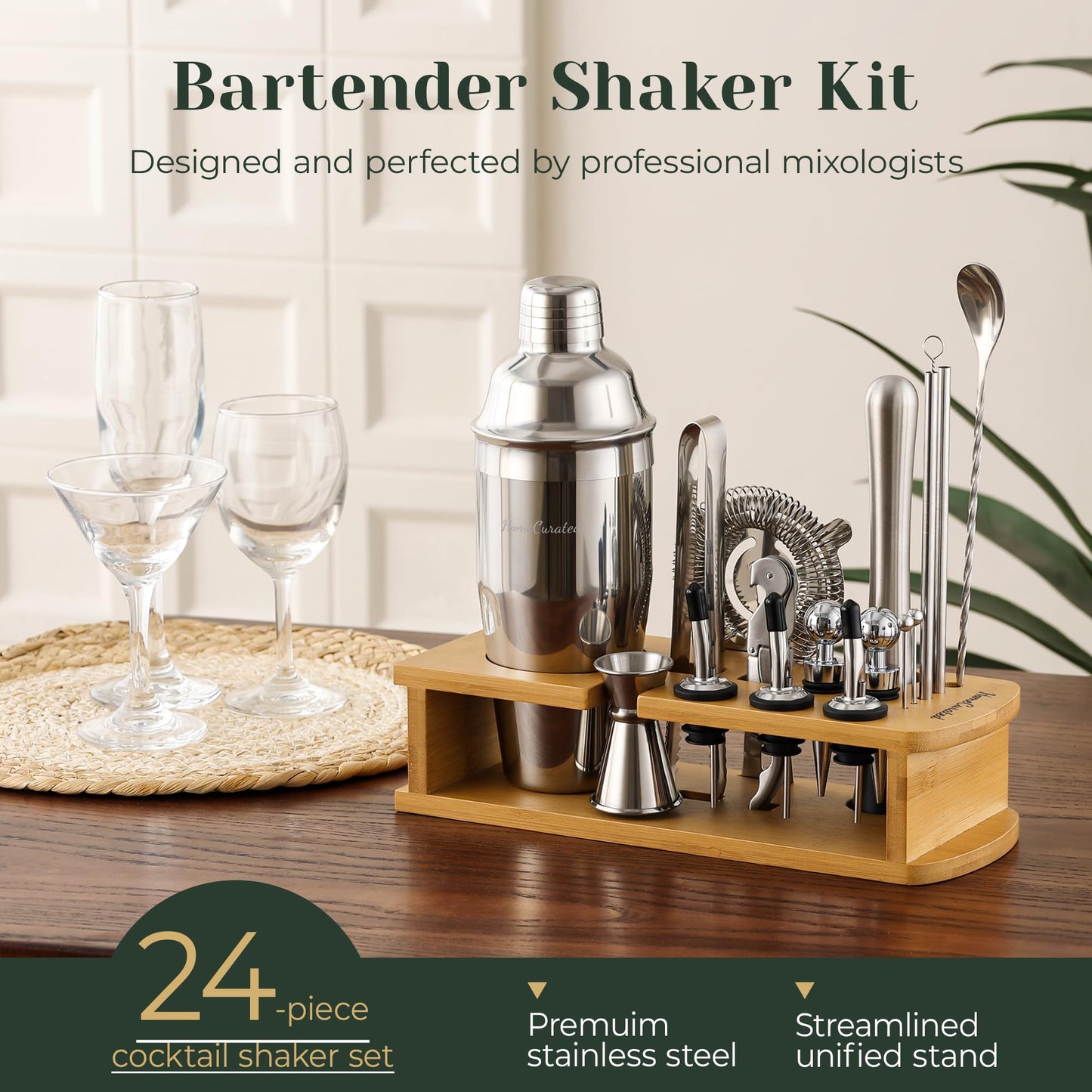 HomeCurated Cocktail Shaker Set,24-Piece Bar Bartender Kit with Stand,Martini Shaker,Jigger,Strainer,Mixer Spoon,Muddler,Liquor Pourers,Tongs,Opener,LCE Ball Mold&LCE Cubes,Bottle Stoppers|Silver