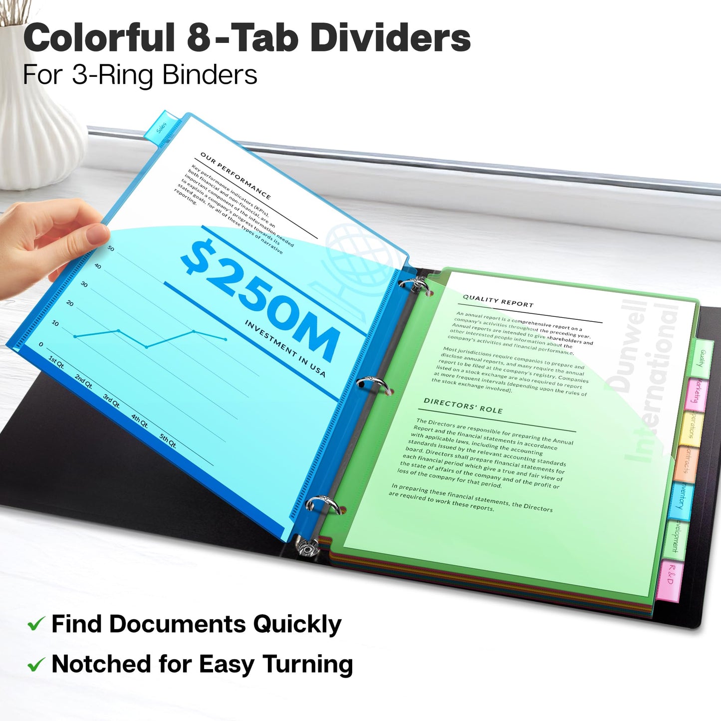 Dunwell 2-Pocket 8 Tab Binder Dividers (3 Sets, 24 Count), Plastic 8 Subject Notebook Dividers with Pockets for 3-Ring Binders, Durable Binder Pocket with Colorful Tabs, Letter Size