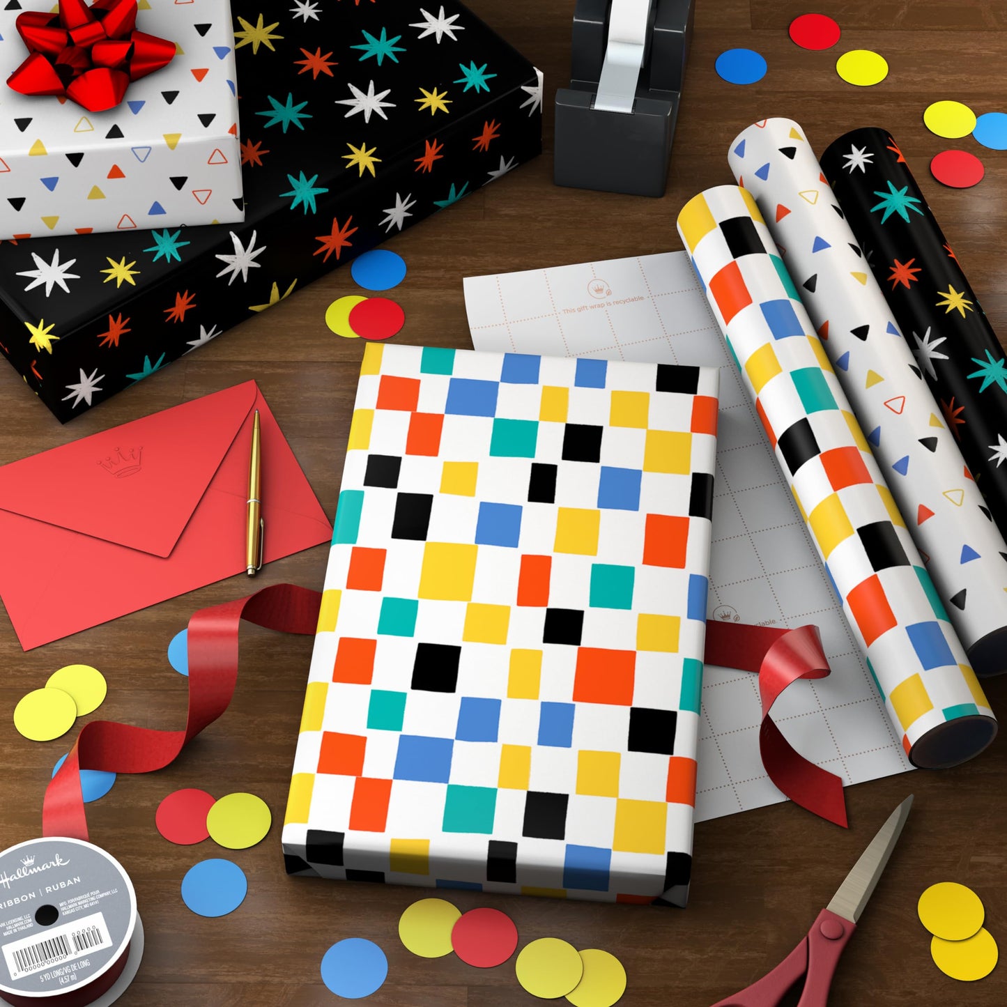 Hallmark Wrapping Paper Mini Rolls, 3-Pack (Checkered, Triangles, Starbursts) for Birthdays, Graduations, Mother's Day, Father's Day, Any Occasion - 45 Sq. Ft. Total