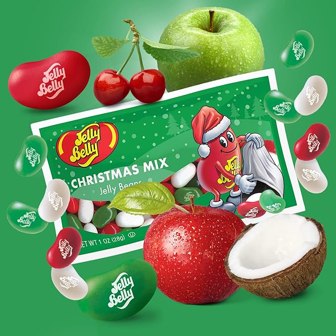 Needzo Christmas Mix 2025 Individual Packets of Jelly Beans, Very Cherry, Green Apple, and Coconut Flavored Candies, Stocking Stuffers, Pack of 6