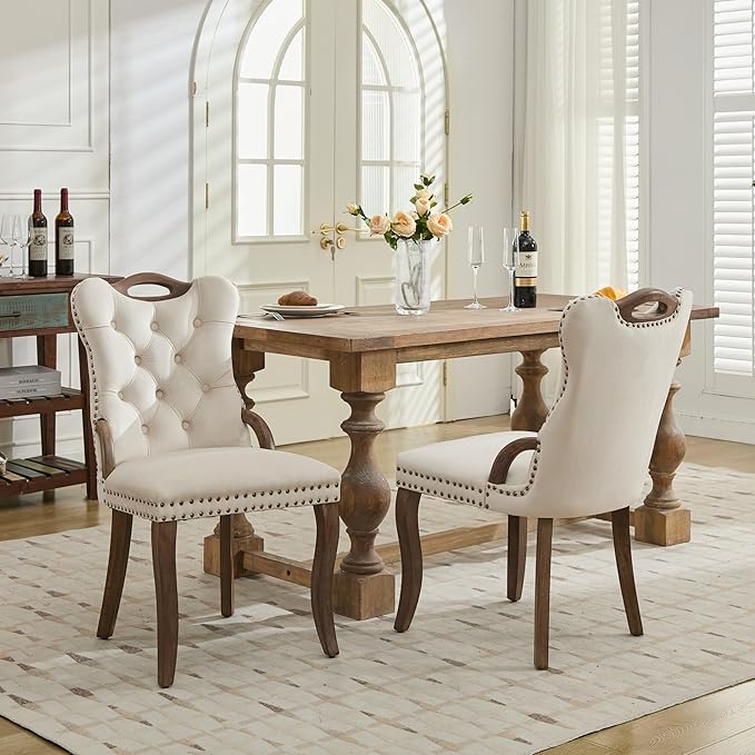 Velvet Dining Chairs Set of 2, Solid Wood Handles, Wooden Upholstered Dining Chair, Vintage Copper Nail Decoration, Mid Century Modern Kitchen Chair (Beige, Set of 2)