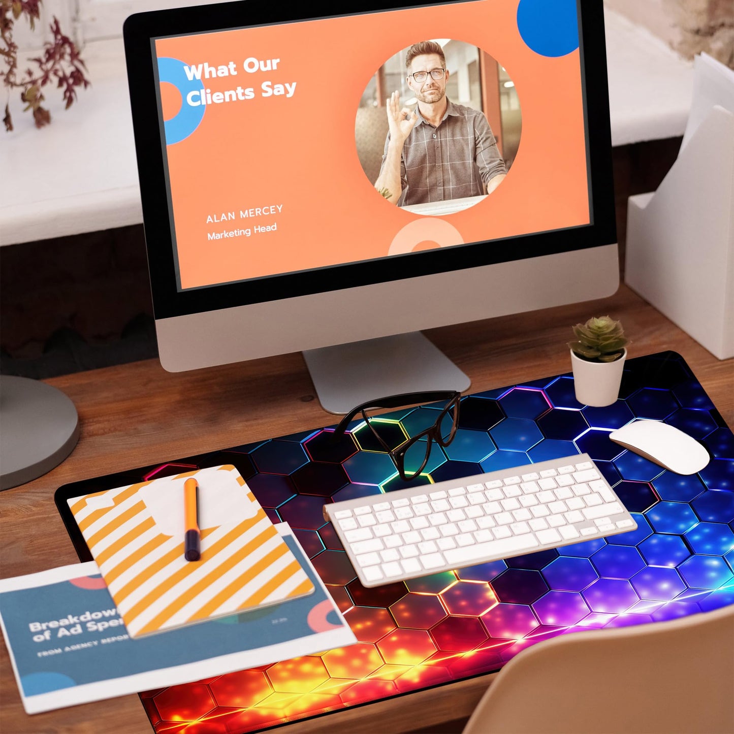 KOAIWPAE Desk Mat, Colorful Honeycomb Technology Desk Pad,Hexagonal Honeycomb Large Gaming Mouse Pad for Desk,31.5"x15.7" Extended Big Computer Keyboard Mouse Pad with Non-Slip Base and Stitched Edge