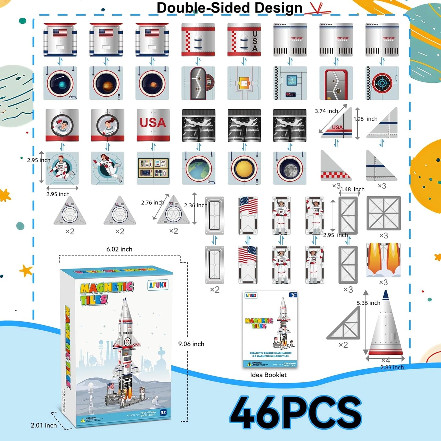 AFUNX Magnetic Tiles Space Rocket Set,46 PCS Magnetic Building Blocks for Kids 3+, STEM Learning Toys, Safe & Durable Creative Construction Play, Gift for Boys & Girls
