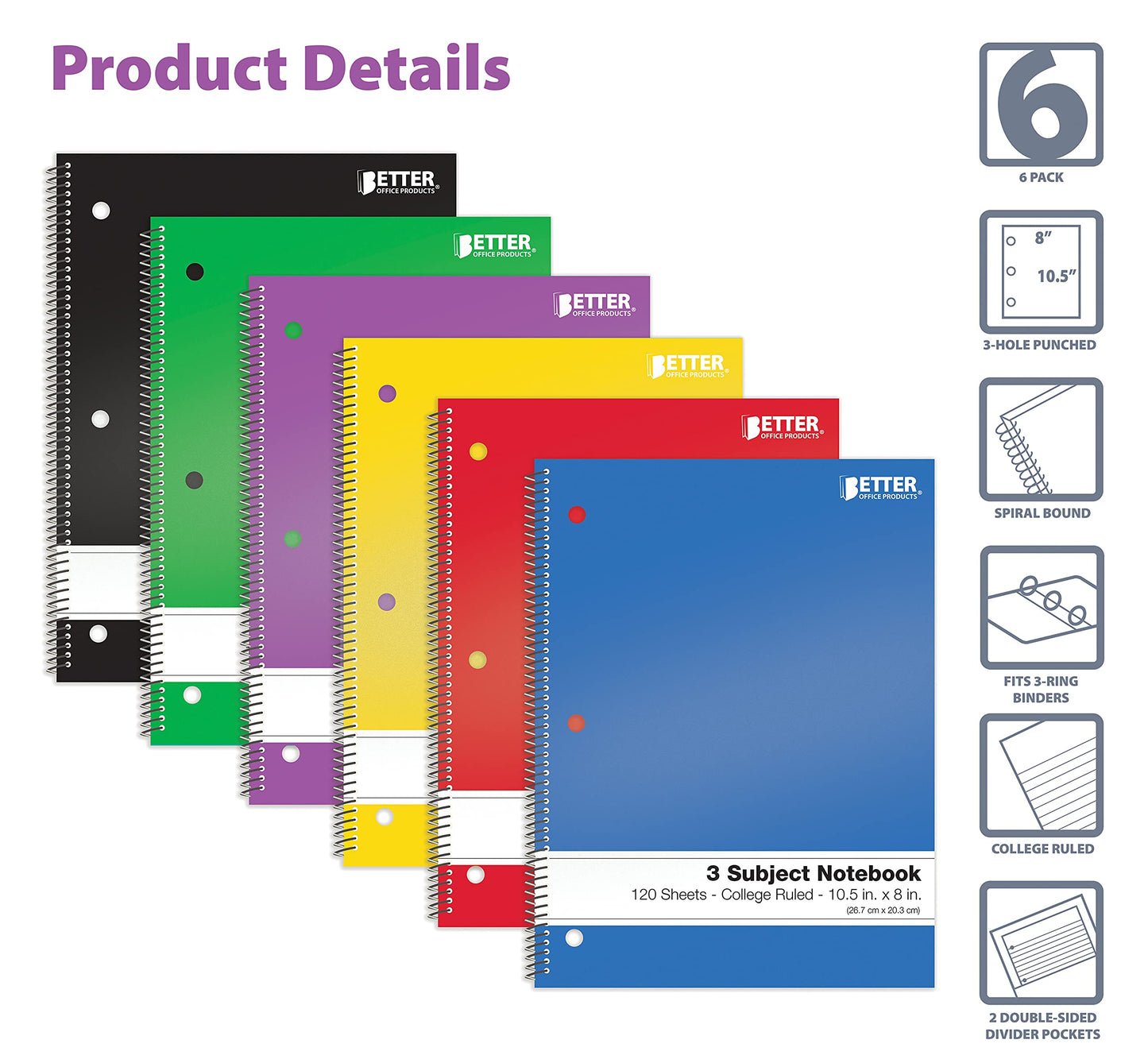 Better Office Products Spiral Notebooks 3-Subject, 6 Pack, College Rule, 120 Sheet Notebook with Sturdy Pocket Dividers, 10.5 x 8 inches, 6 Assorted Primary Colors, 6 Pack
