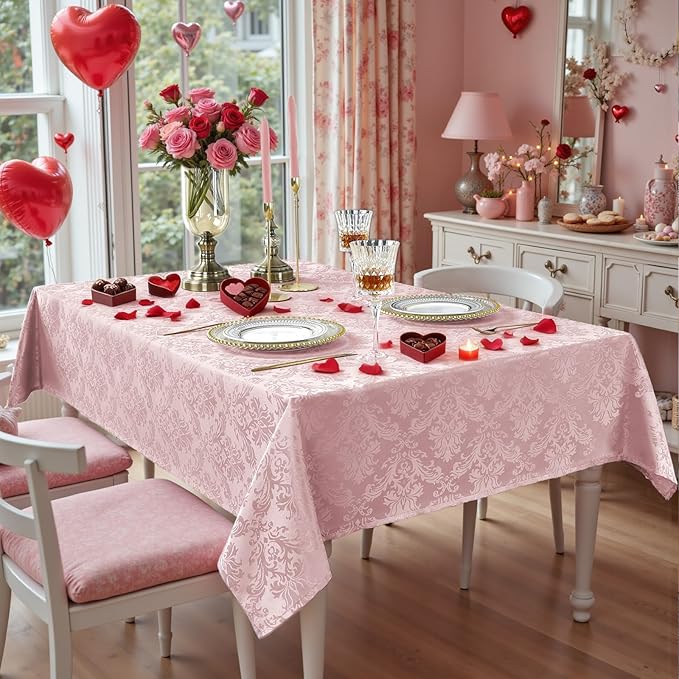SASTYBALE Rectangle Tablecloth - 60 x 84 Inch Pink Tablecloths Damask Design Spillproof Wrinkle Resistant Valentines Tablecloth Polyester Oblong Table Cover for Kitchen Dinning Anniversary Party