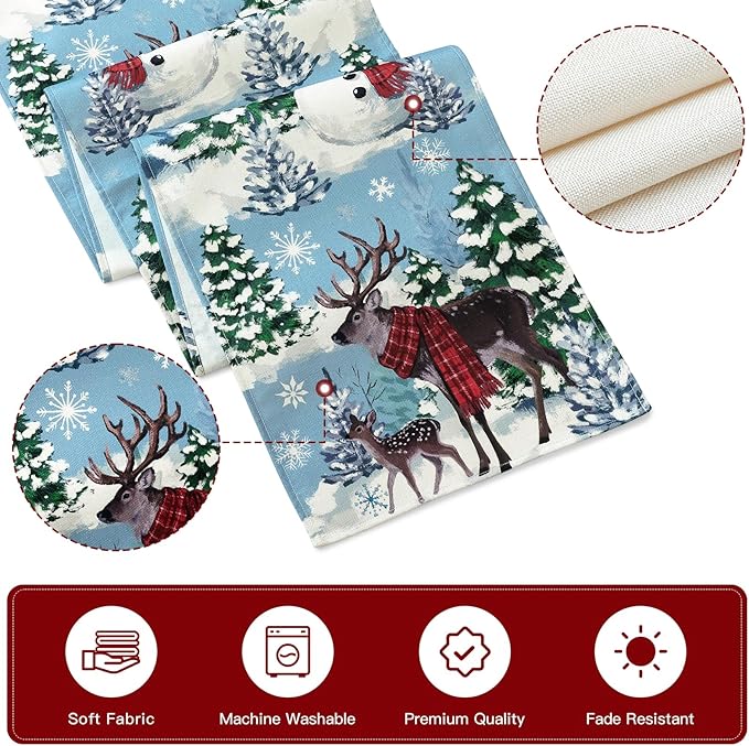 Artscope Reindeer Snowman Christmas Tree Table Runner, Xmas Winter Snowflakes Holiday Kitchen Dining Table Decoration for Christmas Home Party Decor 13x120 Inch-Light Blue