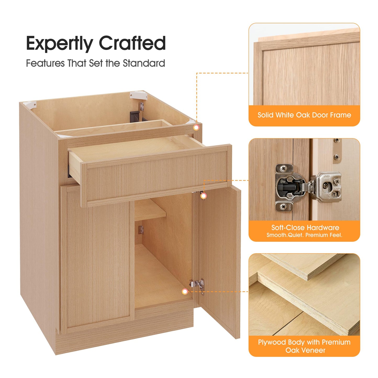WelFurGeer White Oak Base Cabinets with Soft Close Drawers, Narrow Frame Shaker Style, Solid Wood Face Frame RTA Kitchen Cabinets, Modern Kitchen Cabinets for Kitchen, Laundry, Garage Storage