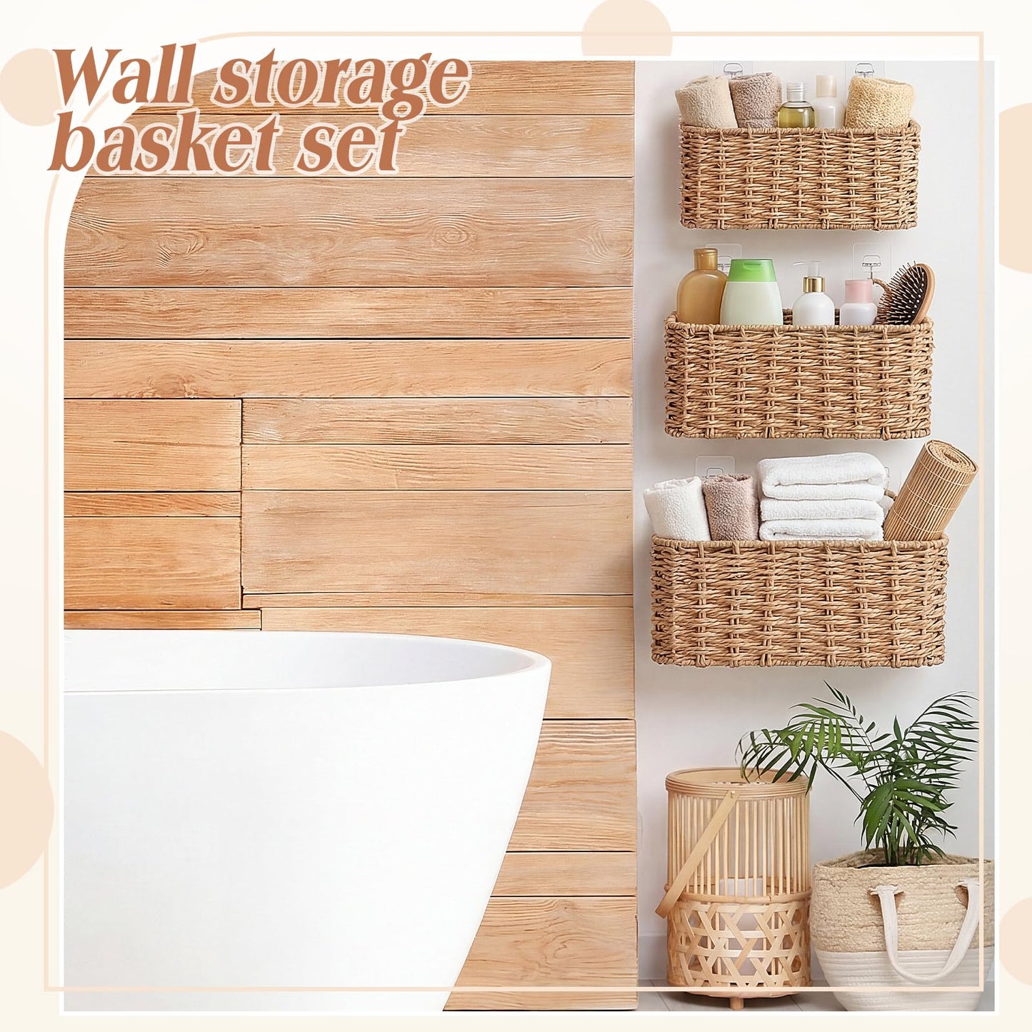 Ferrochef 3 Piece Wall Hanging Baskets for Organizing Paper Rope Woven Baskets Sets Boho Style Storage Bins for Fruits Vegetable Kitchen Storage Farmhouse Wall Decor Housewarming Gifts